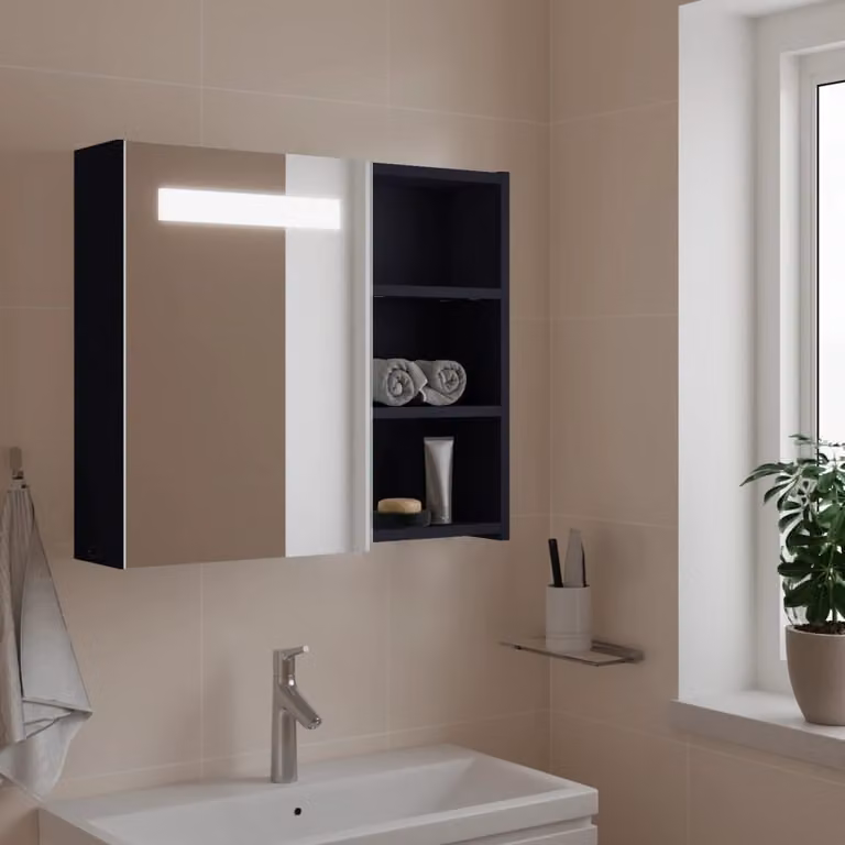 Armadietto da bagno con specchio e illuminazione LED vidaXL, Grigio, L: 60 cm, P: 13 cm, H: 52 cm