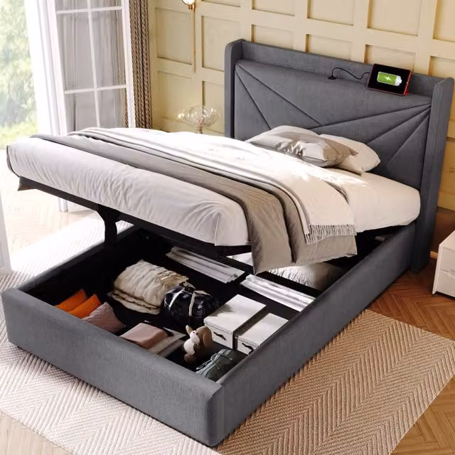 Letto contenitore Mivray con testiera imbottita in cotone e lino grigio, porte USB e Type-C, L/P/H: 90 x 200 x 107 cm