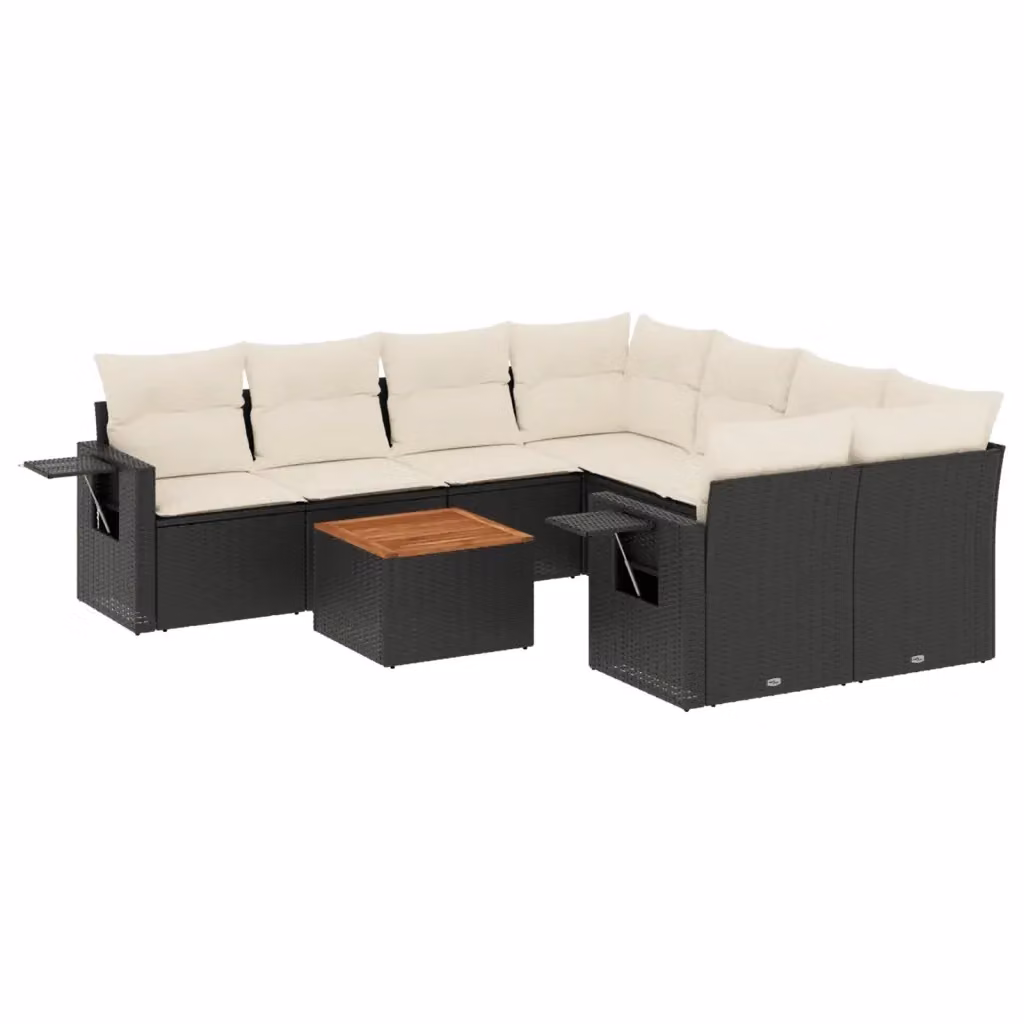 vidaXL Set Divani da Giardino 9 pz a Forma a L in Polyrattan con Cuscini Bianchi e Nero – 2