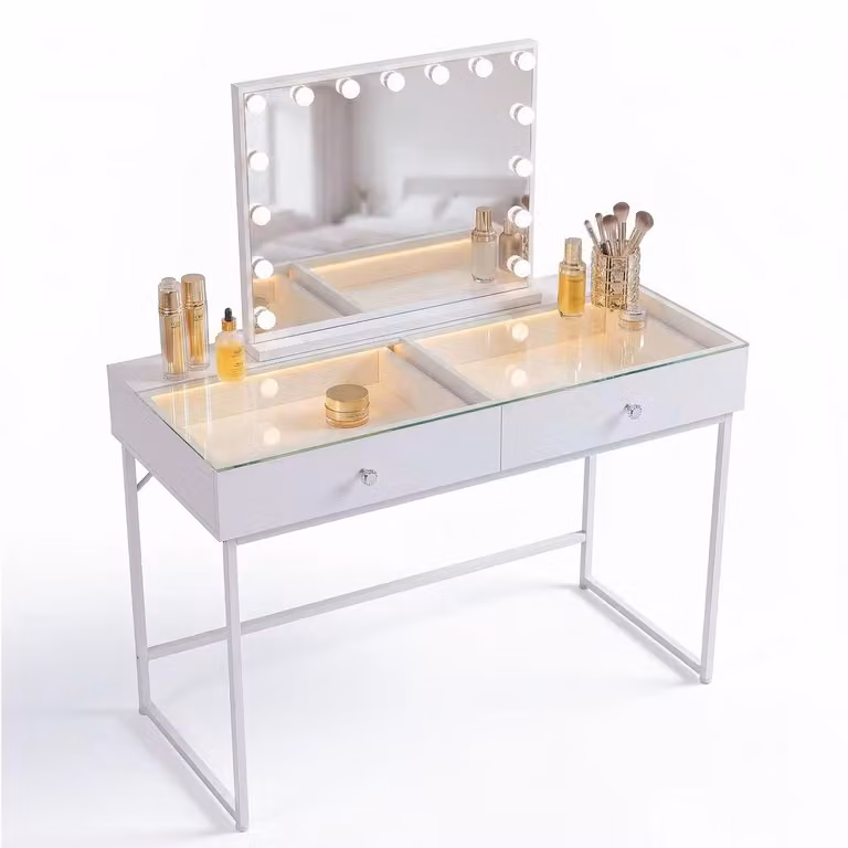 VANITII, tavolino da trucco con specchio illuminato, 2 cassetti, bianco, 100 x 55 x 127 cm