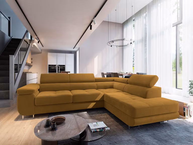 Divano angolare SELVA R-S di Masseno con funzione letto a L, divano con box letto, divano da soggiorno, divano, divano letto, set di divani - giallo, MONOLITH 48