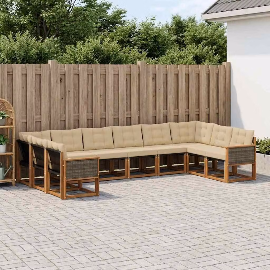 Set di divani da esterno vidaXL a forma di U in legno di acacia con cuscini, colore beige e naturale