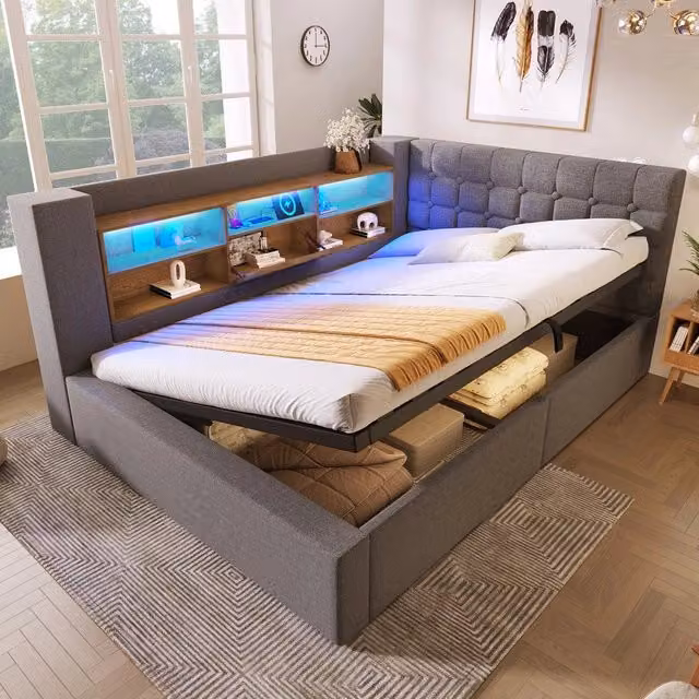 Letto Imbottito Contenitore 140x190 con LED ¨C MINIMAL ¨C Grigio, Tessuto Lino, Testiera, Doghe, Idraulico