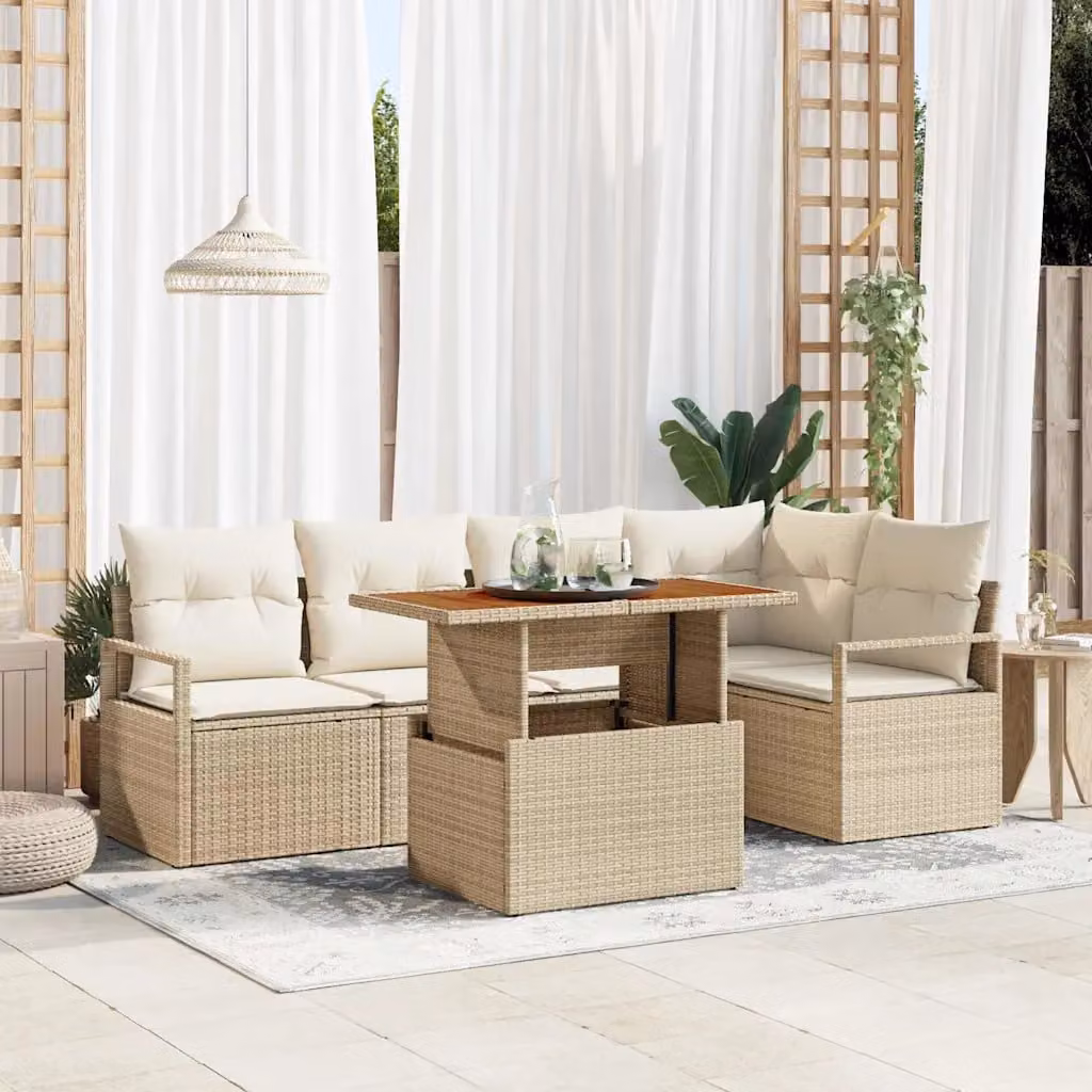 Set Divano da Giardino vidaXL 6 Pezzi a Forma di L Beige con Tavolino e Cuscini in Rattan e Acciaio