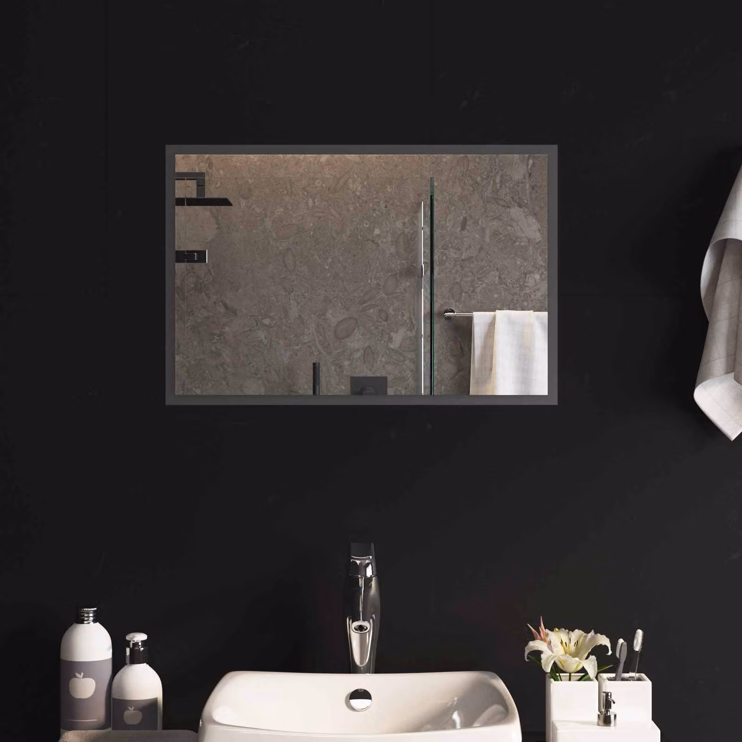 Specchio da bagno moderno vidaXL con luce LED e vetro temperato, nero, L: 60 cm x H: 40 cm