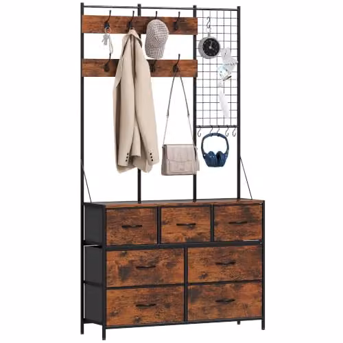 HOMCOM 4-in-1 Hall Tree e cassettiera 7 cassetti 14 ganci marrone rustico