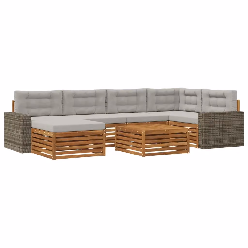 Set di divani da esterno a L vidaXL in legno di acacia con cuscini beige e grigi, composto da 7 pezzi con tavolino e pouf – 2