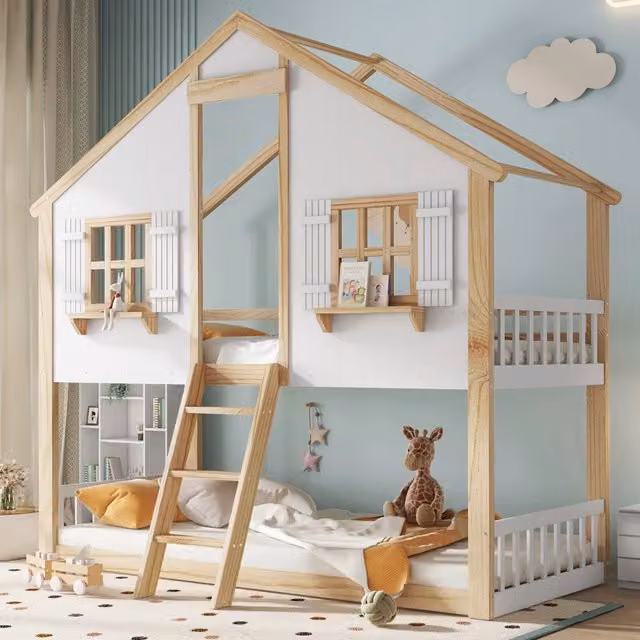 Letto a castello per bambini con scala inclinata; finestre decorative e tetto; 90x200 cm; bianco naturale