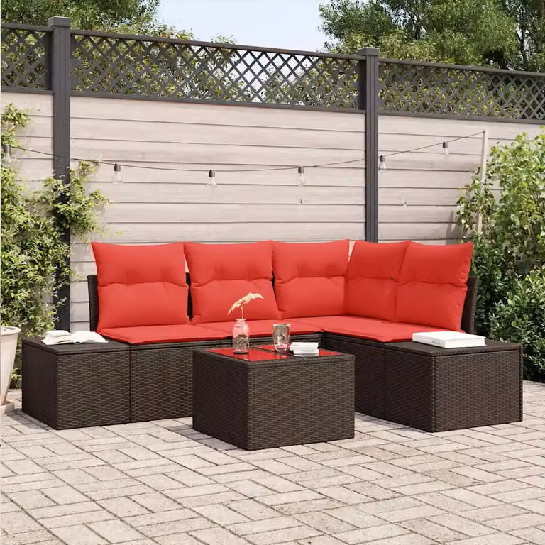 Set Divano da Giardino a L con Tavolino vidaXL in Polyrattan Marrone e Rosso con Cuscini