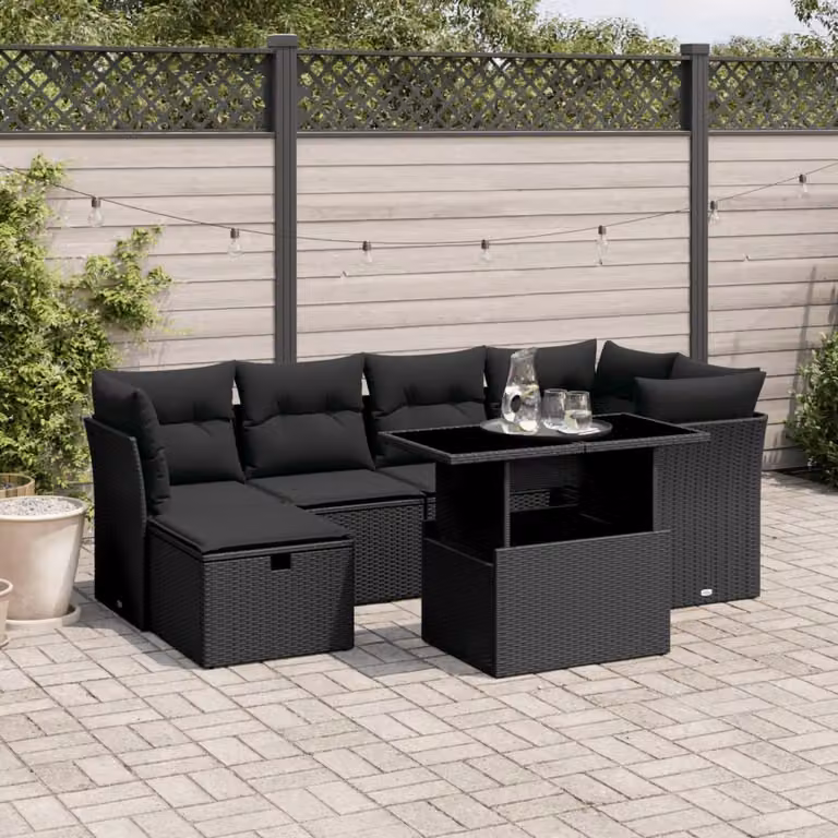 Maison Exclusive - Set da giardino 7 pezzi con cuscini in polyrattan nero