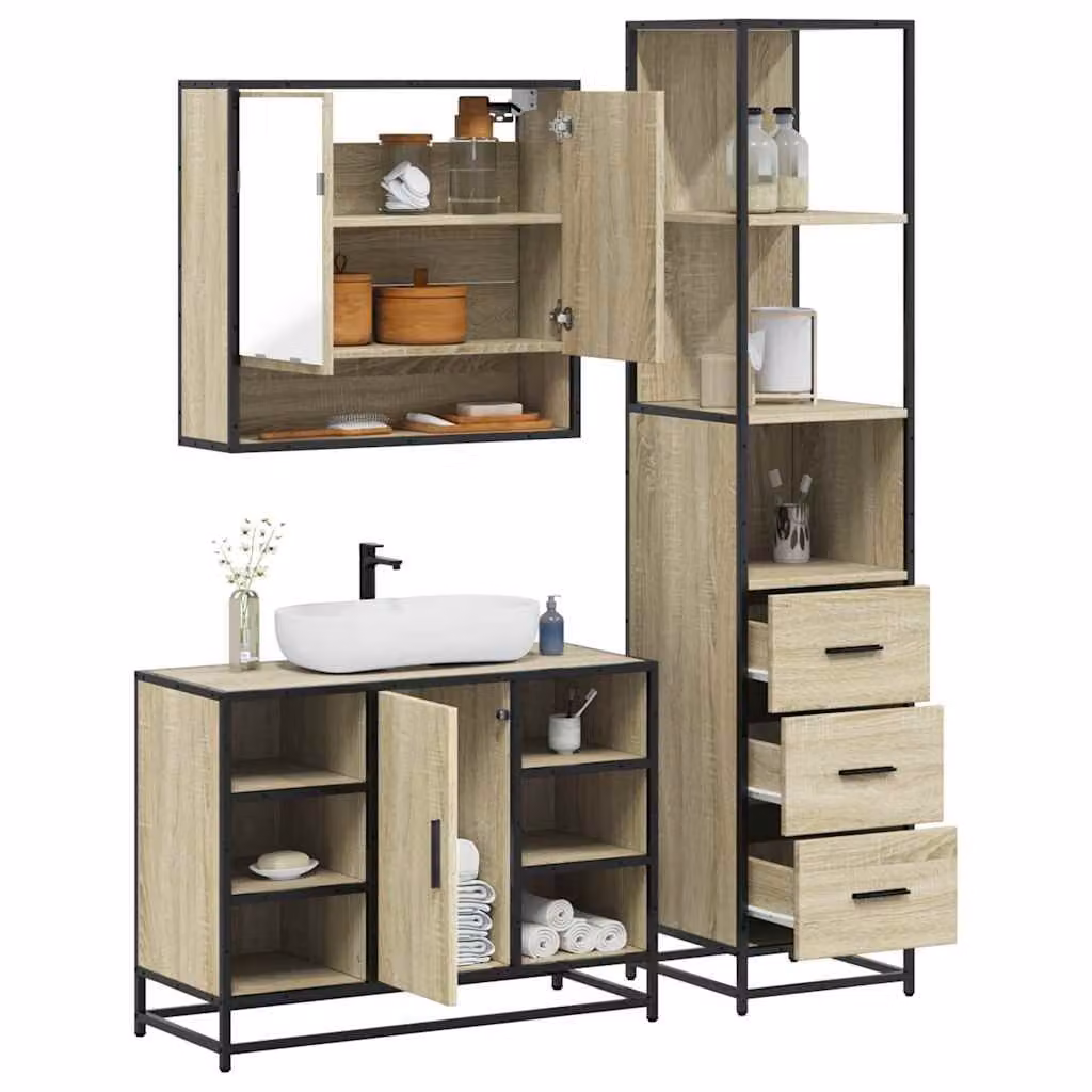 Set di mobili da bagno industrial vidaXL in legno e metallo marrone composto da armadietto con specchio, mobile lavabo e colonna alta con illuminazione LED