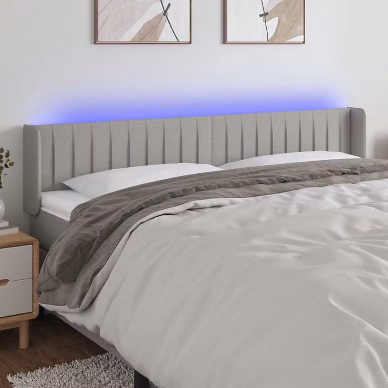 Testiera con LED e porta USB vidaXL in tessuto grigio chiaro, L: 163 cm, P: 16 cm, H: 78-88 cm