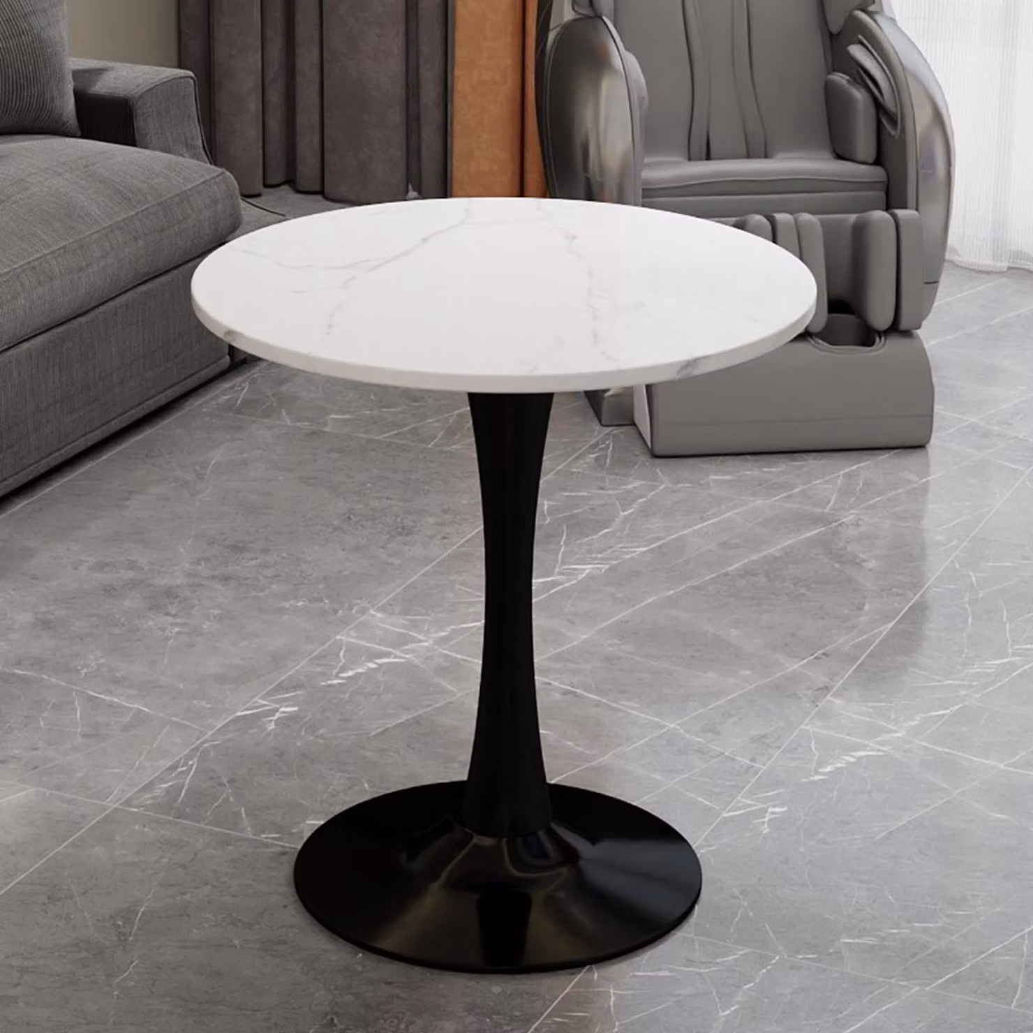 Tavolo rotondo da pranzo, diametro 70 cm, tavolino da caffè nero in stile Mid-Century Modern, adatto per 2-4 persone, tavolo con finitura effetto marmo bianco, ideale per soggiorno e cucina