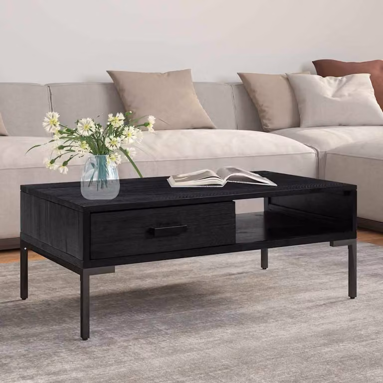 vidaXL Tavolino da Salotto Rettangolare in Legno di Pino e Metallo Nero L: 90 cm, P: 50 cm, H: 35 cm