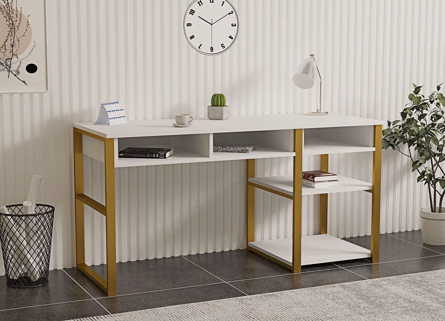 Skye Decor, Emro - White Gold, scrivania, 100% pannelli truciolari rivestiti in melamina, bianco, 150 x 58,4 x 75,8 cm