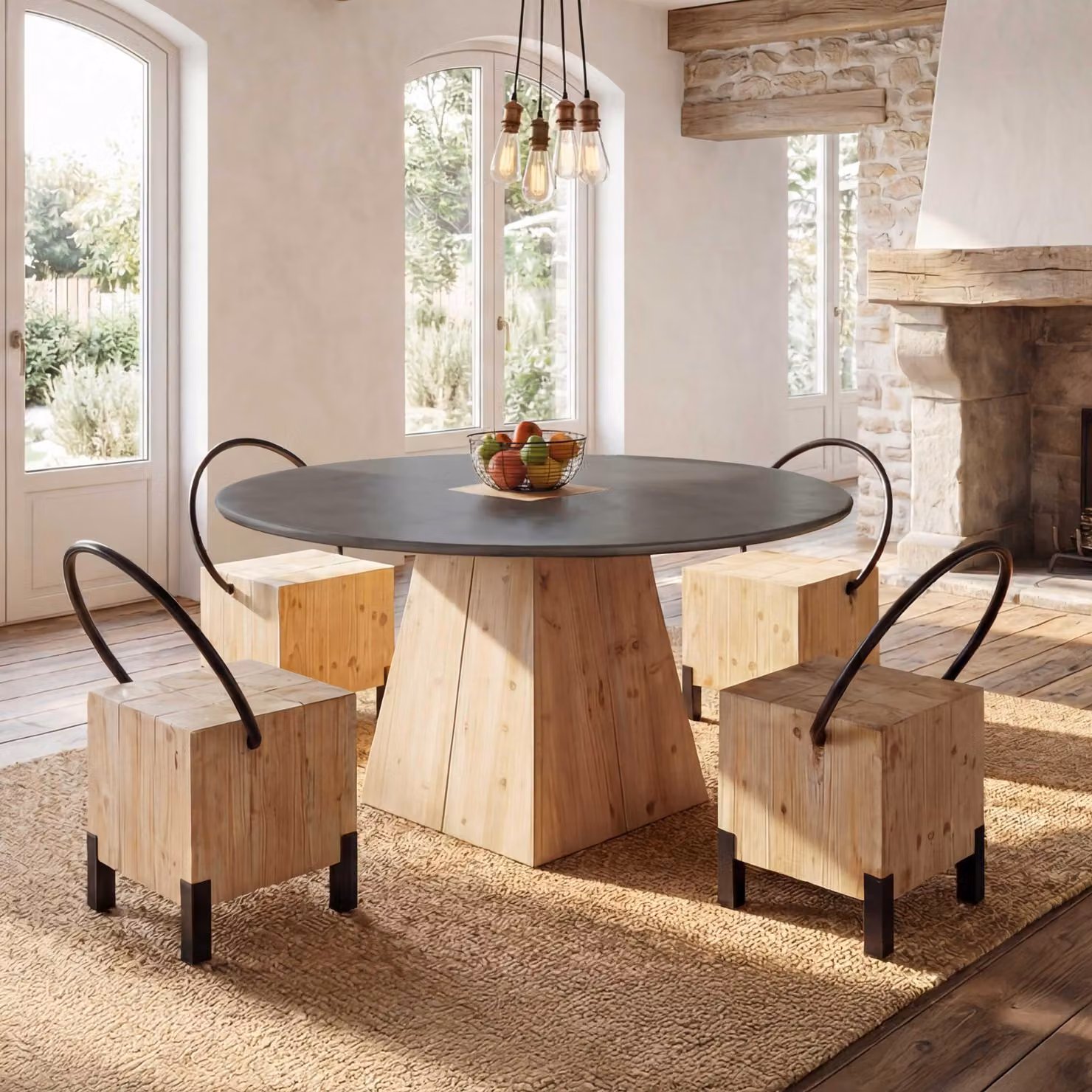 set di 4 sedie da pranzo MCW-L76, sgabello per visitatori, metallo industriale in legno massiccio MVG, naturale