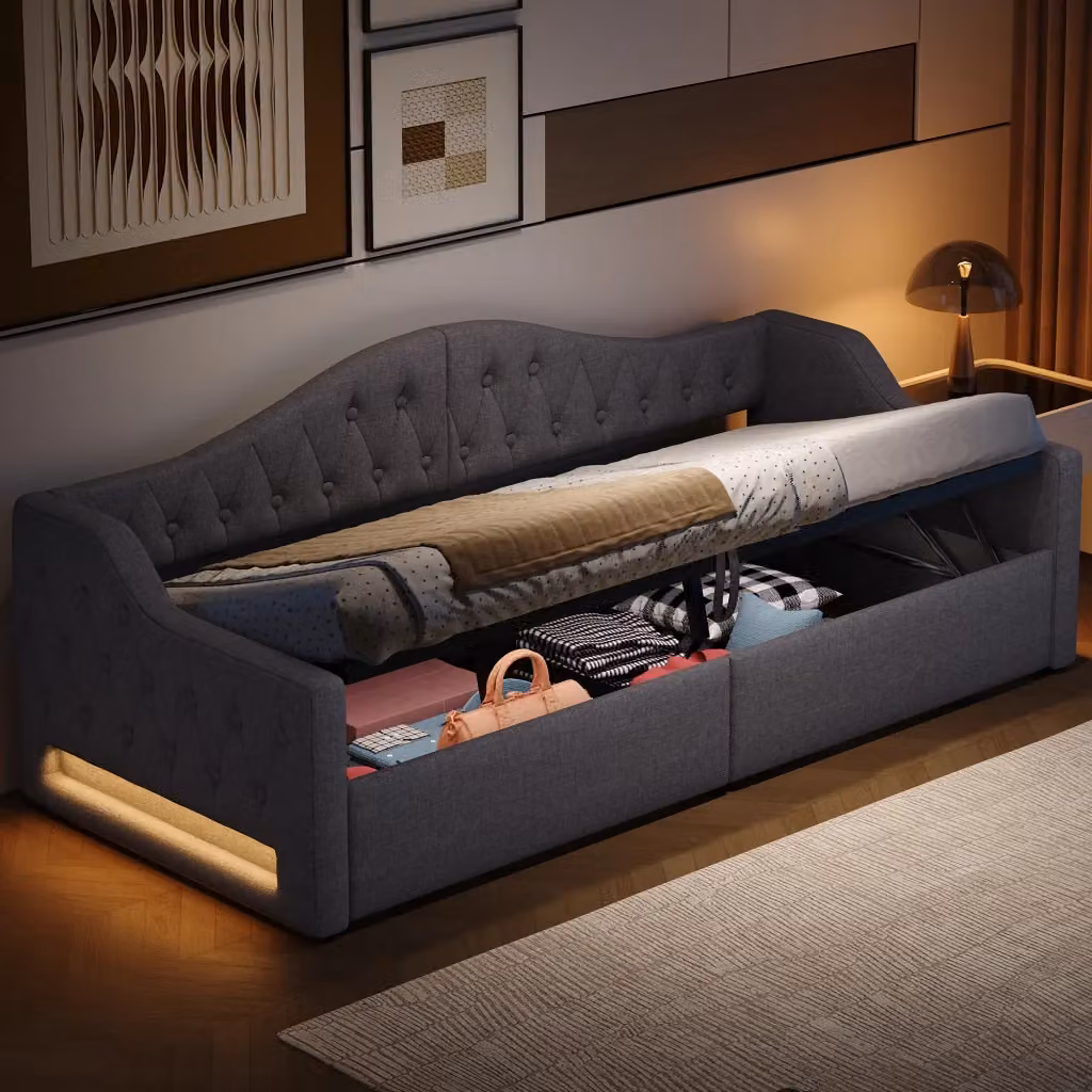 Letto a Divanetto con Contenitore e Illuminazione LED Grigio L: 90 cm, P: 200 cm – 2