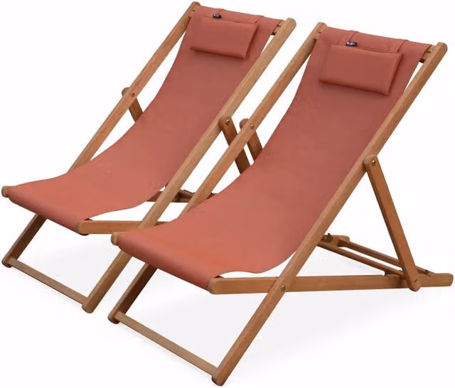 Set 2 sedie sdraio in legno con cuscino poggiatesta, terracotta