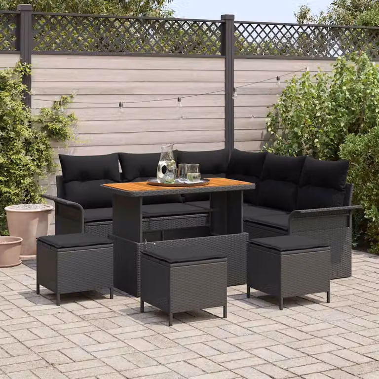 Set Divano da Giardino vidaXL 9 pz in Polyrattan Nero con Cuscini e Tavolino