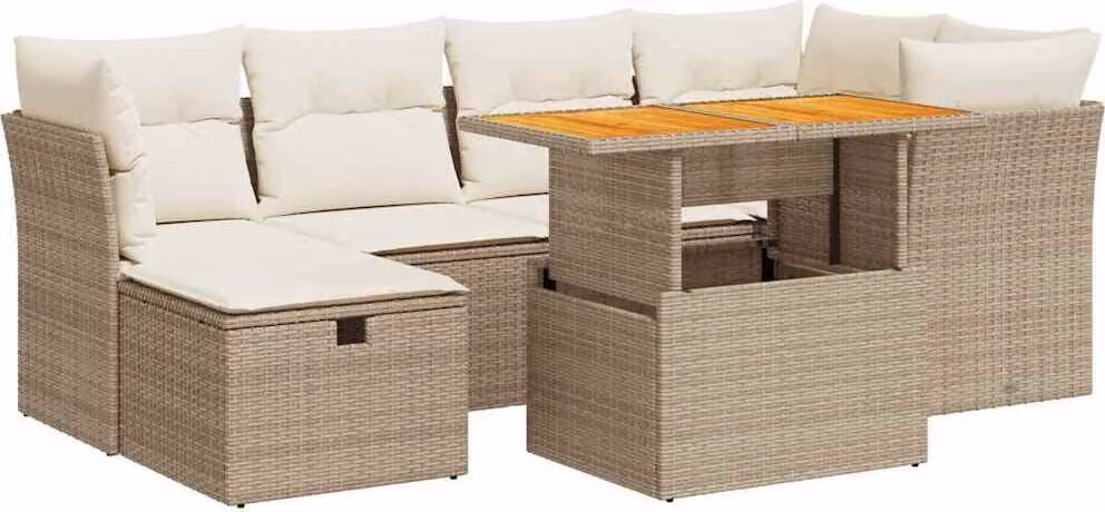 Set Divani da Giardino 7 pz con Cuscini Beige Polyrattan Acacia