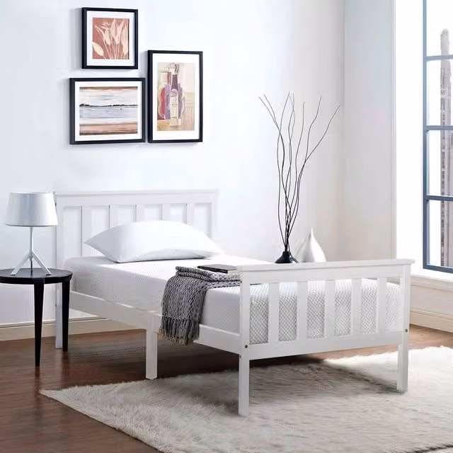 Letto Singolo in Pino Massello con Testiera e Doghe ¨C MINIMAL ¨C Bianco 90x200