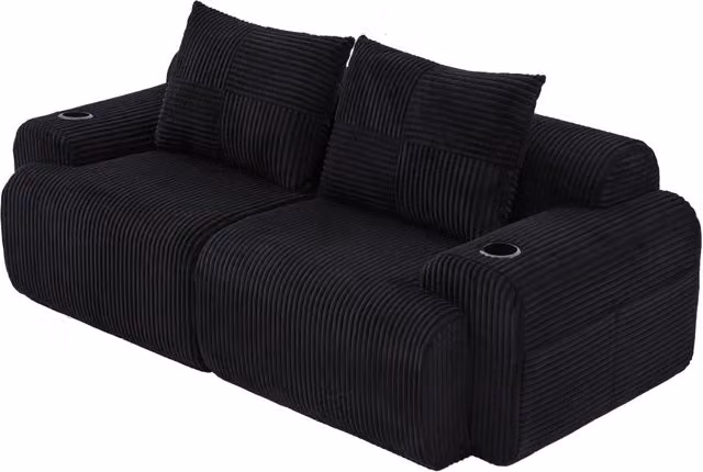Divano modulare moderno a 2 posti in velluto nero con portabicchieri e tasca laterale L: 200 cm, P: 80 cm, H: 80 cm
