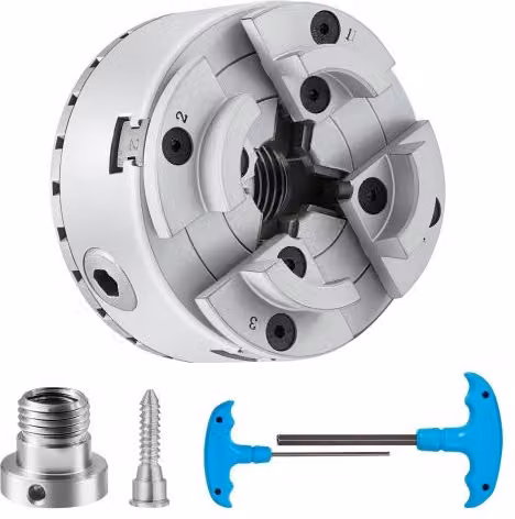 Mandrino per tornio per legno VEVOR a 4 griffe, diametro 96 mm, colore argento in acciaio, con chiave a T per tornitura, rettifica e fresatura