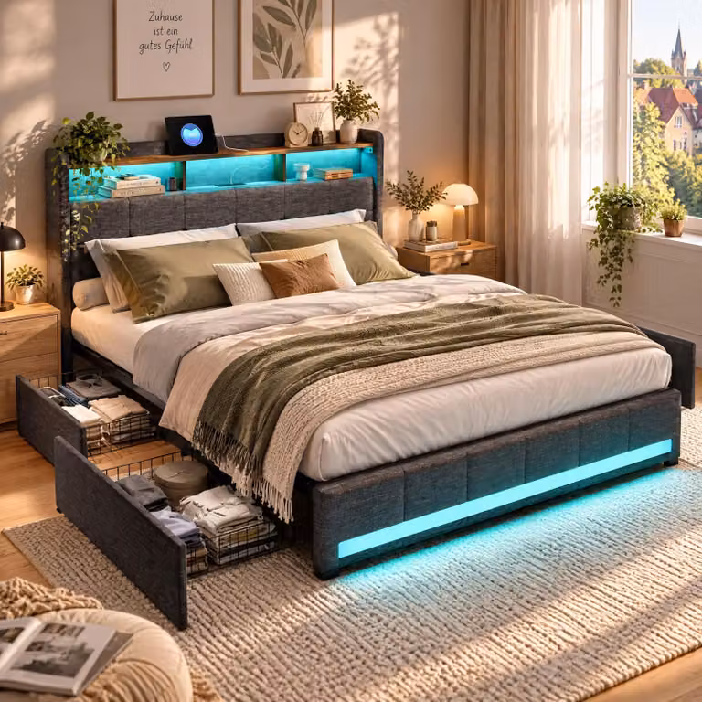Letto imbottito 140x200 cm con LED nella testiera e porta USB, letto matrimoniale con 4 cassetti, struttura letto con rete a doghe, colore grigio (senza materasso)