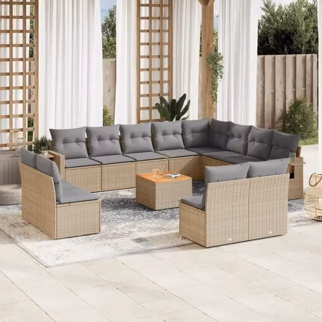Set Divano da Giardino a Forma di U VIDAXL in Polyrattan con 13 Pezzi e Cuscini Beige e Grigio – 1