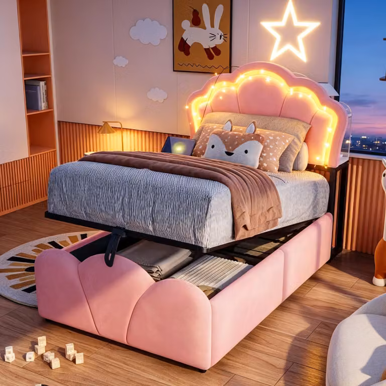 Letto imbottito Merax modello Blumen, 90x200 cm, con illuminazione LED, letto singolo con spazio contenitore ad apertura idraulica, testiera con vani portaoggetti e prese di corrente, rivestito in velluto, colore rosa