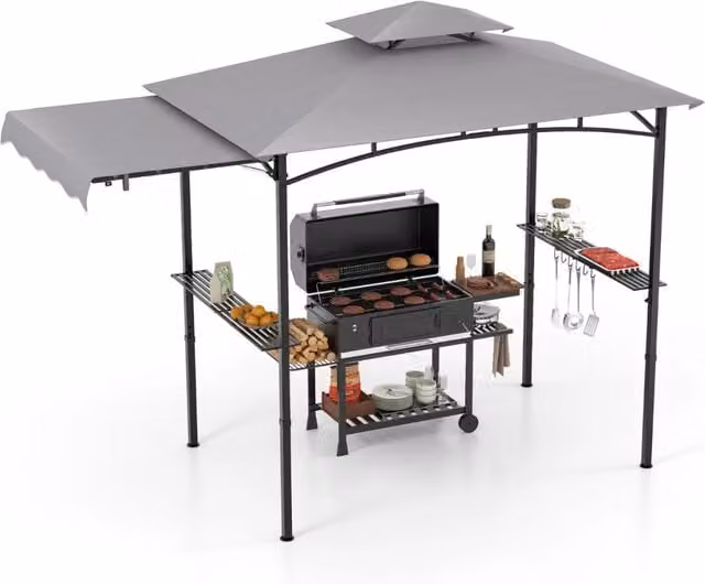 Gazebo per barbecue 250 x 203cm con tendalino laterale tetto a 2 livelli 2 ripiani laterali, Rifugio per barbecue Grigio