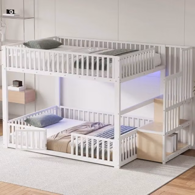Letto a castello 140x200 cm bianco con scala contenitore e illuminazione LED
