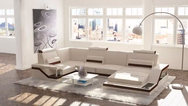 Wohnlandschaft Sofa + USB Polster Ecke Ecksofa Garnitur Leder Sofas