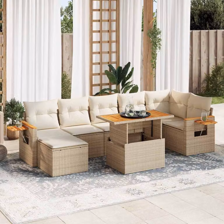 Set Divano da Giardino 8 pz vidaXL in Polyrattan e Legno di Acacia con Cuscini Beige e Tavolino da Esterno