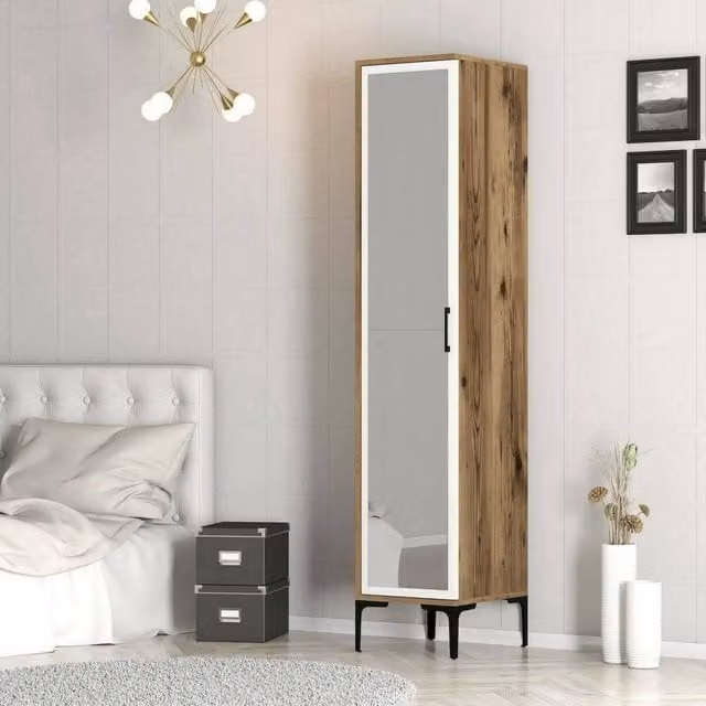 Armadio Multiuso Asfodelo DMORA con 1 Anta e 4 Ripiani, Marrone e Bianco, L/P/H: 40 x 48 x 201 cm – 1