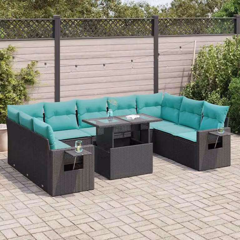 Set Divani da Giardino vidaXL 10 Pezzi in Polyrattan con Cuscini e Tavolino, Design Moderno a Forma di U, Colore Nero e Blu