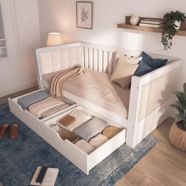 Divano letto in legno Bianco 90x190 cm con 2 cassetti, braccioli arrotondati, ideale per piccoli appartamenti, montaggio facile (senza materasso)