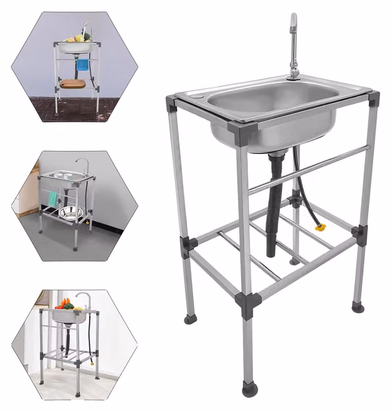 Lavabo a colonna, acciaio inossidabile 201, 48 x 35 x 83 cm, capacità di carico 60 kg, vasca singola, montaggio richiesto