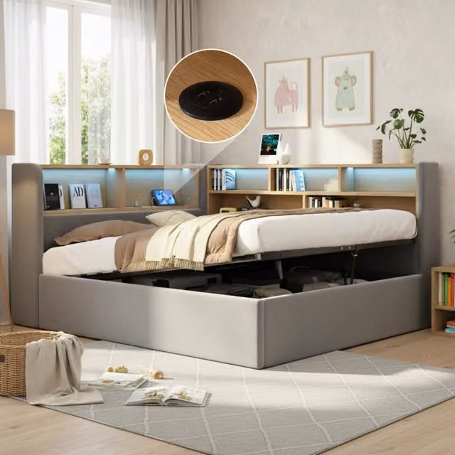 Letto a giorno imbottito con contenitore idraulico; LED; porta USB/Tipo-C e ripiani; velluto grigio; 140x200 cm; senza materasso