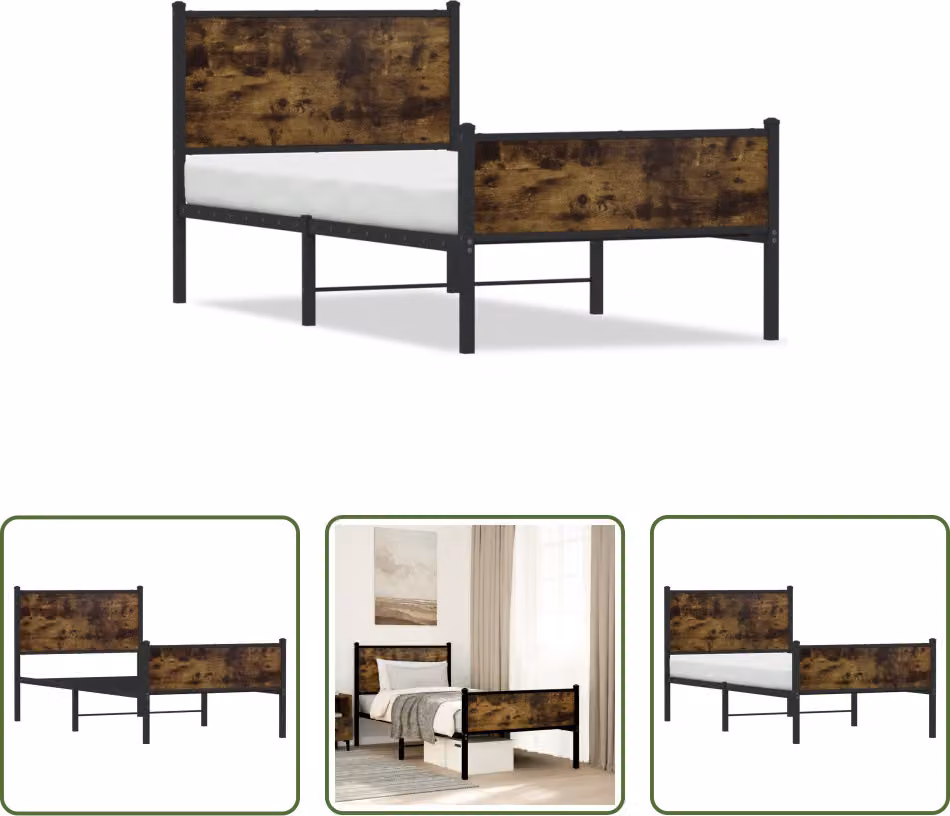 The Living Store Struttura letto con testiera e pediera in metallo rovere fumé 90x190 cm