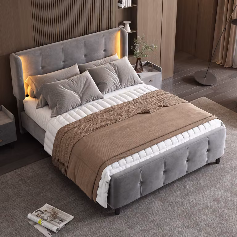 Letto imbottito STILVORA 140x200 cm, letto matrimoniale con striscia LED a 16 colori, testiera regolabile su tre altezze, grigio (con materasso)