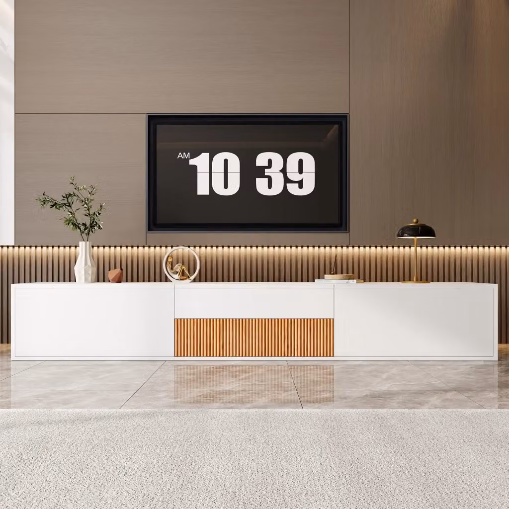 Cassettiera TV KOMHTOM bianca in stile minimalista con finitura opaca, L: 180 cm, P: 34 cm, H: 30 cm – 2