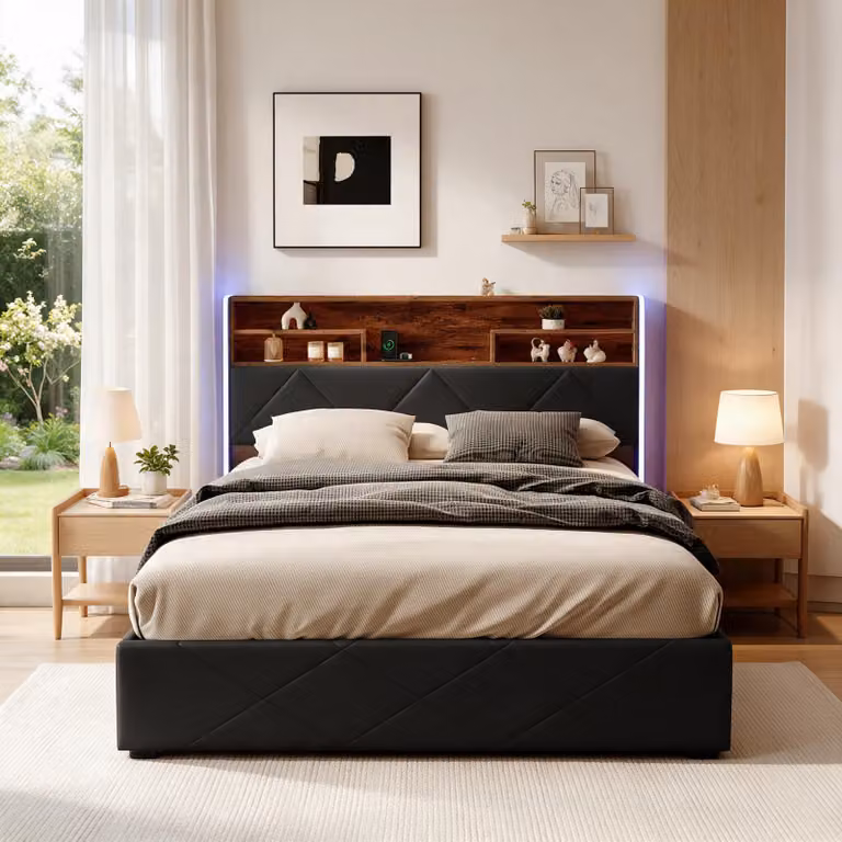 Letto singolo imbottito INONEFT, dimensioni 140x200 cm, con illuminazione LED, sistema di sollevamento idraulico per contenitore, testiera con spazio contenitore e prese USB, rivestimento in ecopelle nera