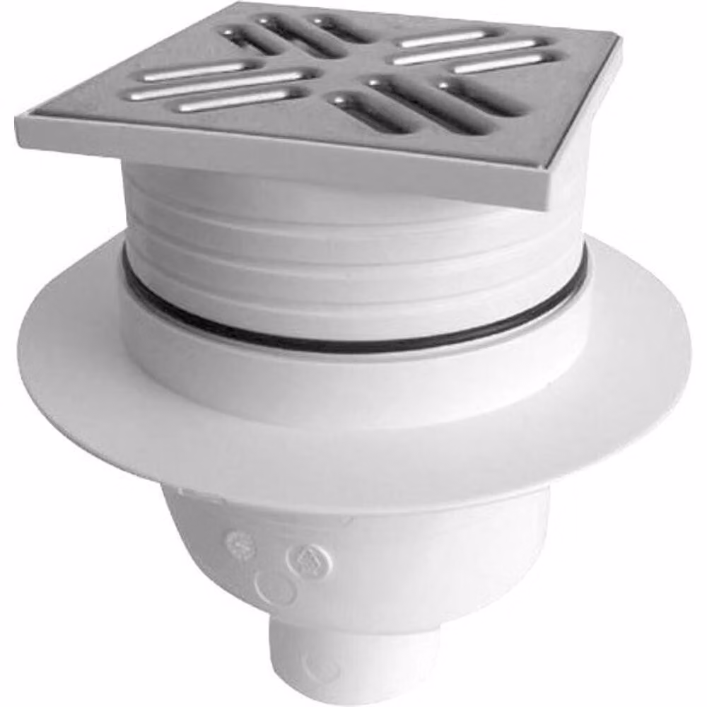 Ingresso a pavimento 105x105 uscita verticale, DN50, acciaio inox lucidato