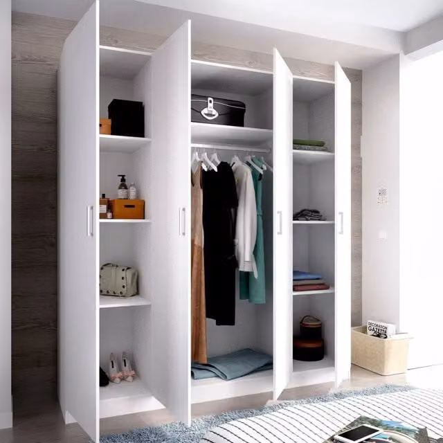 Armadio 4 ante battenti DMORA Persefone per camera da letto, Bianco, L: 200 cm, P: 52 cm, H: 215 cm