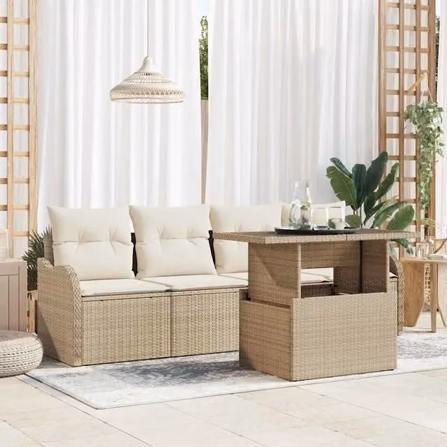 Set Divano da Giardino a L vidaXL 5 Pezzi con Tavolino Beige e Cuscini