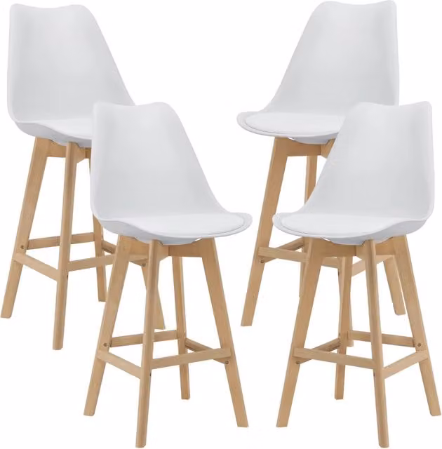 Set di 4 sgabelli da bar en.casa in plastica e legno con finitura faggio e seduta bianca, H 105 x L 48 x P 58 cm