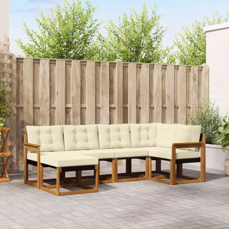 vidaXL Set di divani da esterno a L in legno di acacia con cuscini, 6 pezzi, Marrone, Beige e Bianco