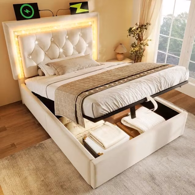 Letto singolo 90x200 cm velluto beige LED USB-C con materasso