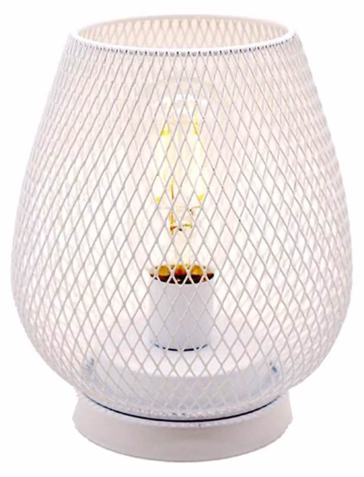 Lampada da tavolo a LED, bianca, con struttura in metallo a gabbia, alimentata a batteria, dimensioni 17x15,5 cm